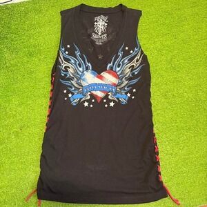Y2K Rebel Saints Affliction Lace Up Biker Tank Top Wing Heart Flame Embellish